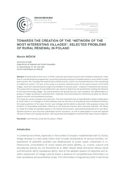 Towards the creation of the “Network of the most interesting villages”. Selected problems of rural renewal in PolandStudia Obszarów Wiejskich = Rural Studies, t. 43