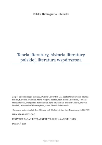 Polska Bibliografia Literacka: Teoria literatury, historia literatury polskiej, literatura współczesna - 2016