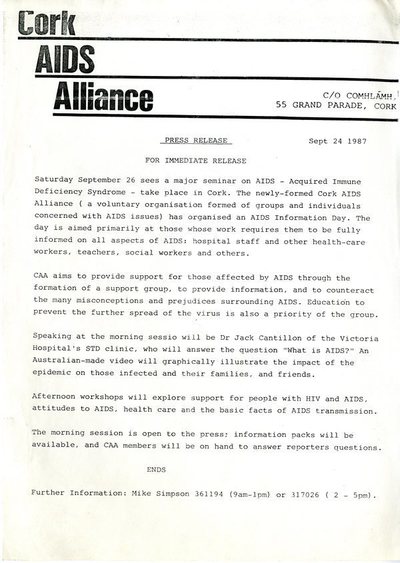 Cork AIDS Alliance 1987 Press ReleaseCork AIDS Alliance 1987 Press Release