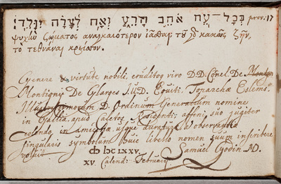 Albuminscriptie van / Samuel Godin, medicus, voor Cornelis de Glarges (1599-1683), diplomaat