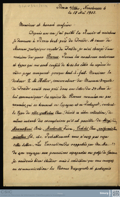 Personal Científico | Ignacio Bolívar y Urrutia; Carta de J. Faust dirigida a Ignacio Bolívar