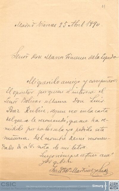 A petición del Sr. Bolívar, Francisco de Paula recomienda a Luis Pérez-Rubín en las oposiciones al cuerpo de Archiveros, Bibliotecarios y Anticuarios