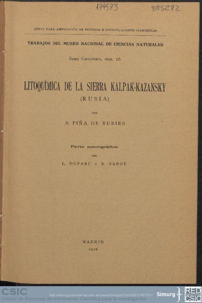 Trabajos del Museo Nacional de Ciencias Naturales. Serie geológica; Litoquímica de la Sierra Kalpak-Kazansky (Rusia)