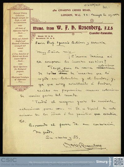 Personal Científico | Ignacio Bolívar y Urrutia; Correspondencia de W. F. H. Rosenberg a Ignacio Bolívar