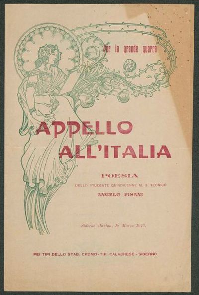 Appello all'Italia : poesia dello studente quindicenne al 3. tecnico Angelo Pisani : Siderno Marina, 18 marzo 1916