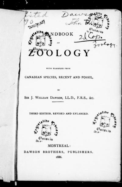 Handbook of zoology with examples from Canadian species, recent and fossil by Sir J. William Dawson.