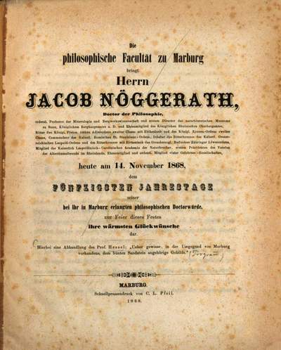 Ueber gewisse, in der Umgegend von Marburg vorhandene, dem bunten Sandstein angehörige Gebilde, und über deren Bedeutung für die Lehre von der Ent. dieses Sandsteines :(Programm.)