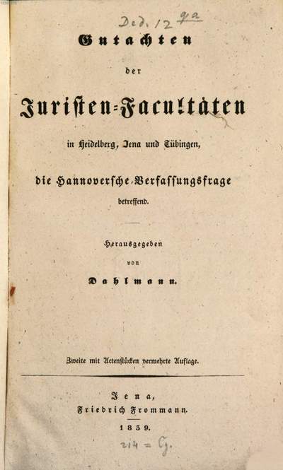 Gutachten der Juristen-Facultäten in Heidelberg, Jena und Tübingen, die Hannoversche Verfassungsfrage betreffend