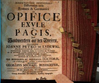 Dissertatione Inavgurali Differentias iuris Romani & Germanici In Opifice Exvle In Pagis = Von Handwerckern auf den Dörfern