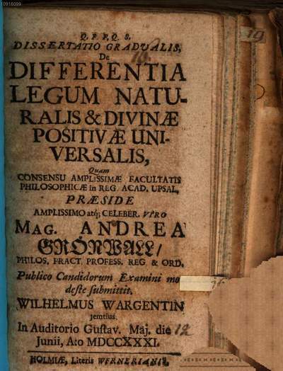 ˜Diss. grad.œ de differentia legum naturalis & divinae positivae universalis