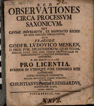 Observationes circa processum saxonicum, quo causae iniuriarum ex Mandato Reg. de a. 1712. peraguntur