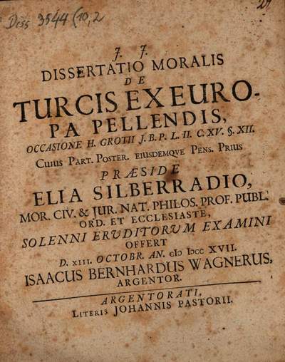 Dissertatio moralis de Turcis ex Europa pellendis. Pars Poster., Pens. Prius