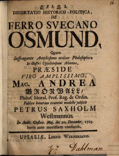 ˜Diss. hist. pol.œ de ferro Suecano Osmund