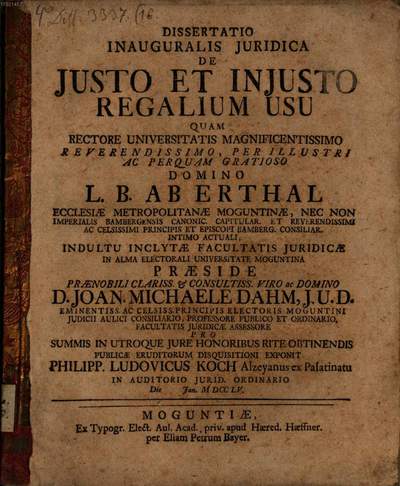 Dissertatio Inauguralis Juridica De Justo Et Injusto Regalium Usu