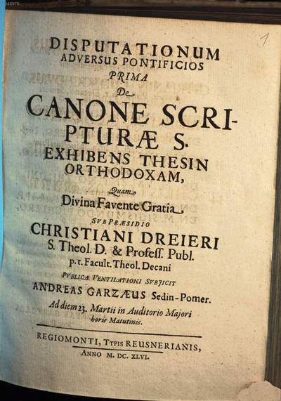 Disputationum Adversus Pontificios .... 1, De Canone Scripturae S. Exhibens Thesin Orthodoxam