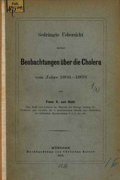 Gedrängte Übersicht meiner Beobachtungen über die Cholera vom Jahre 1831-1873