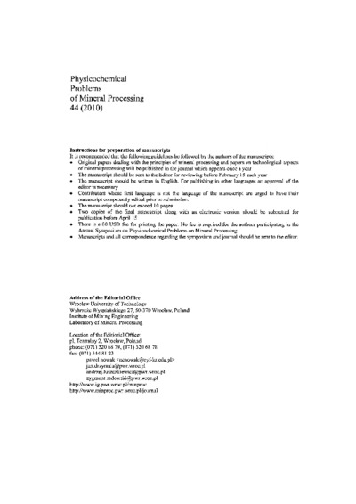 Physicochemical Problems of Mineral Processing, nr 44 (2010)