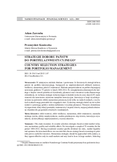 Strategie doboru państw do portfela inwestycyjnego. Nauki o Finansach = Financial Sciences, 2015, Nr 1 (22), s. 101-119Country selection strategies for portfolio management