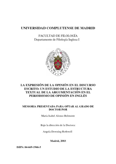 Omnia La Expresion De La Opinion En El Discurso Escrito Un Estudio De La Estructura Textual De La Argumentacion En El Periodismo De Opinion Ingles