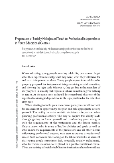 Preparation of Socially Maladjusted Youth to Professional Independence in Youth Educational Centres