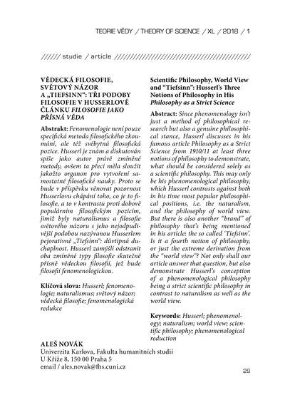 Vědecká filosofie, světový názor a "Tiefsinn": tři podoby filosofie v Husserlově článku filosofie jako přísná vědaScientific philosophy, world view and "Tiefsinn": Husserl’s three notions of philosophy in his philosophy as a strict science