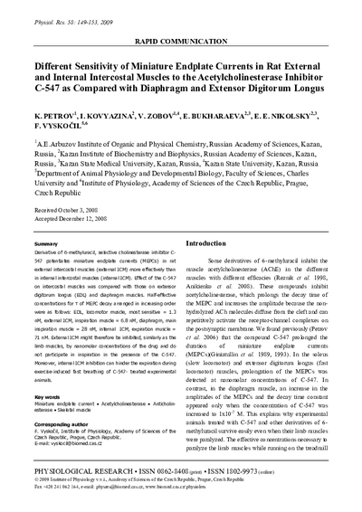 Different sensitivity of miniature endplate currents in rat external and internal intercostal muscles to the acetylcholinesterase inhibitor C-547 as compared with diaphragm and extensor digitorum longus