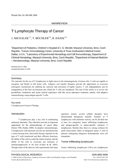 T Lymphocyte Therapy of Cancer