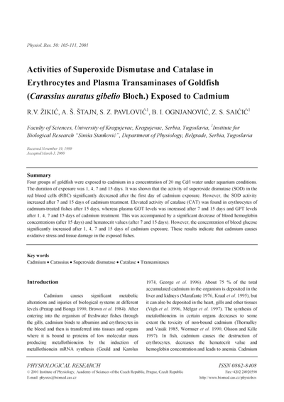Activities of superoxide dismutase and catalase in erythrocytes and plasma transaminases of goldfish (Carassius auratus gibelio Bloch.) exposed to cadmium