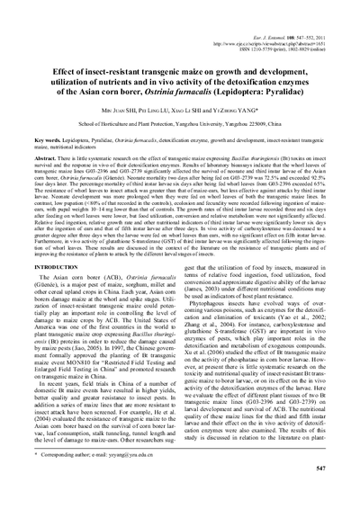 Effect of insect-resistant transgenic maize on growth and development, utilization of nutrients and in vivo activity of the detoxification enzymes of the Asian corn borer, Ostrinia furnacalis (Lepidoptera: Pyralidae)