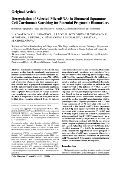 Deregulation of selected microRNAs in sinonasal squamous cell carcinoma: searching for potential prognostic biomarkers