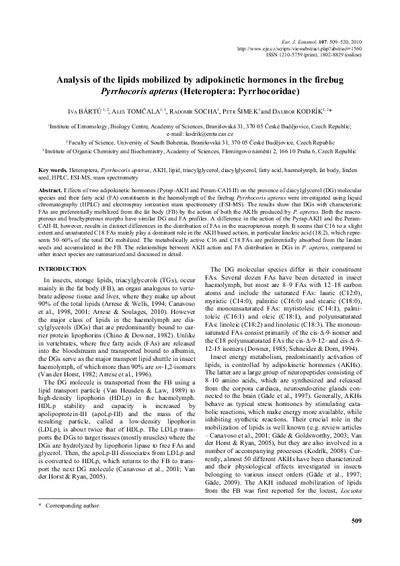 Analysis of the lipids mobilized by adipokinetic hormones in the firebug Pyrrhocoris apterus (Heteroptera: Pyrrhocoridae)