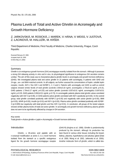 Plasma Levels of Total and Active Ghrelin in Acromegaly and Growth Hormone Deficiency