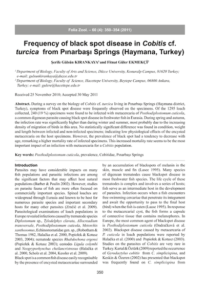 Frequency of black spot disease in Cobitis cf. turcica from Pınarbaşı Springs (Haymana, Turkey)
