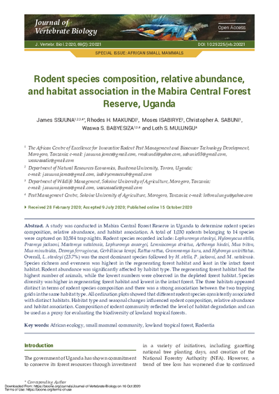 Rodent species composition, relative abundance, and habitat association in the Mabira Central Forest Reserve, Uganda