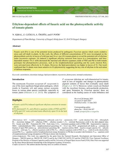 Ethylene-dependent effects of fusaric acid on the photosynthetic activity of tomato plants