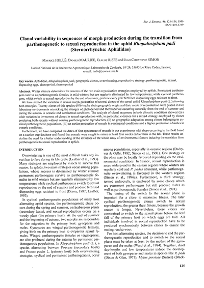 Clonal variability in sequences of morph production during the transition from parthenogenetic to sexual reproduction in the aphid Rhopalosiphum padi (Sternorrhyncha: Aphididae)