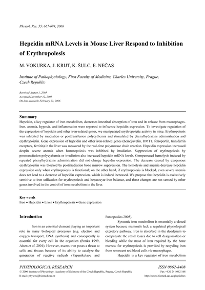 Hepcidin mRNA levels in mouse liver respond to inhibition of erythropoiesis