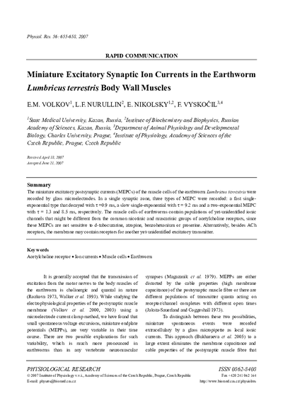 Miniature excitatory synaptic ion currents in the earthworm Lumbricus terrestris body wall muscles