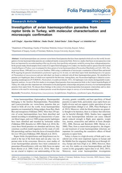 Investigation of avian haemosporidian parasites from raptor birds in Turkey, with molecular characterisation and microscopic confirmation