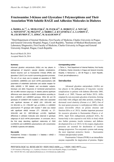 Fructosamine 3-kinase and glyoxalase I polymorphisms and their association with soluble RAGE and abhesion molecules in diabetes