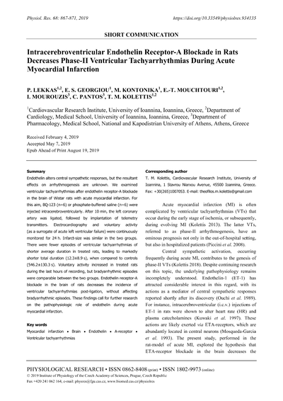 Intracerebroventricular endothelin receptor-A blockade in rats decreases phase-ii ventricular tachyarrhythmias during acute myocardial infarction