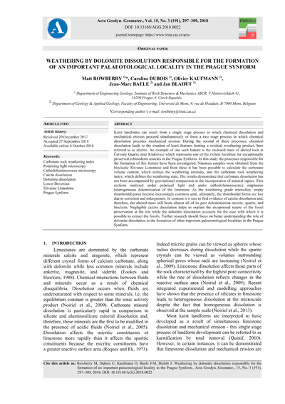 Weathering by dolomite dissolution reponsible for the formation of an important palaeotological locality in the Prague Synform