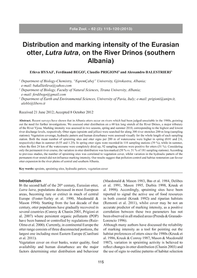Distribution and marking intensity of the Eurasian otter, Lutra lutra, on the River Drinos (southern Albania)