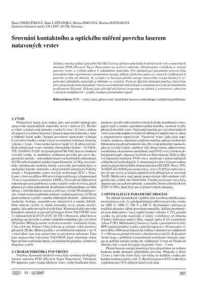 Srovnání kontaktního a optického měření povrchu laserem natavených vrstevComparison of contact and optical measuring of laser remelting layers