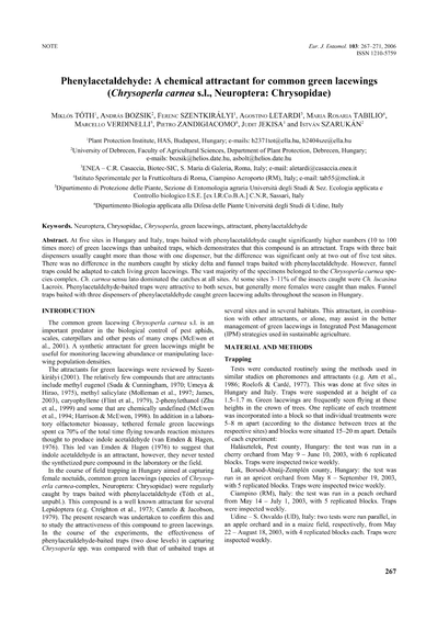 Phenylacetaldehyde: A chemical attractant for common green lacewings (Chrysoperla carnea s.l., Neuroptera: Chrysopidae)