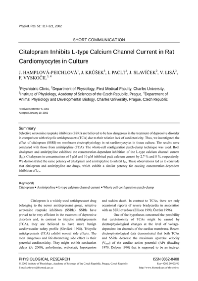 Citalopram Inhibits L-type Calcium Channel Current in Rat Cardiomyocytes in Culture