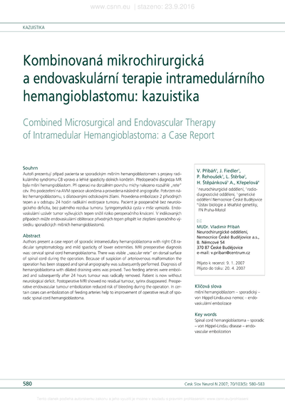 Kombinovaná mikrochirurgická a endovaskulární terapie intramedulárního hemangioblastomu: kazuistikaCombined microsurgical and endovascular therapy of intramedular hemangioblastoma: a case report