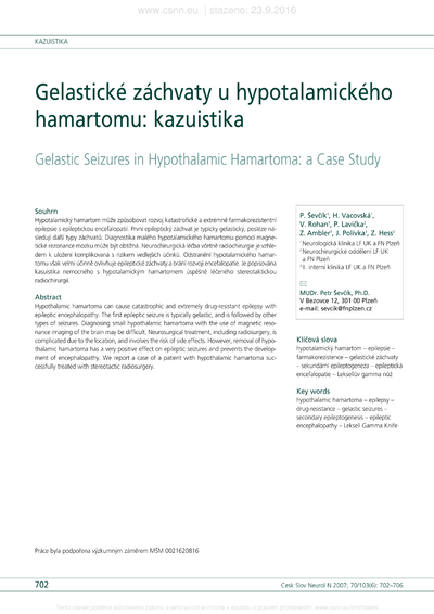 Gelastické záchvaty u hypotalamického hamartomu: kazuistikaGelastic seizures in hypothalamic hamartoma: a case study