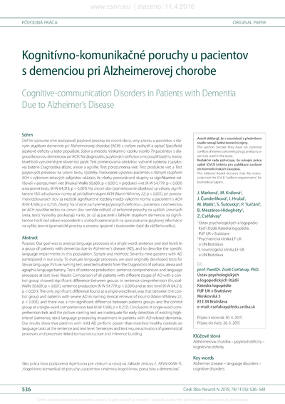 Kognitívno‑komunikačné poruchy u pacientov s demenciou pri Alzheimerovej chorobeCognitive‑communication disorders in patients with dementia due to Alzheimer’s disease