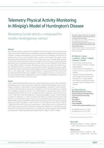 Telemetry physical activity monitoring in minipig’s model of Huntington’s diseaseMonitoring fyzické aktivity u miniprasečího modelu Huntingtonovy nemoci